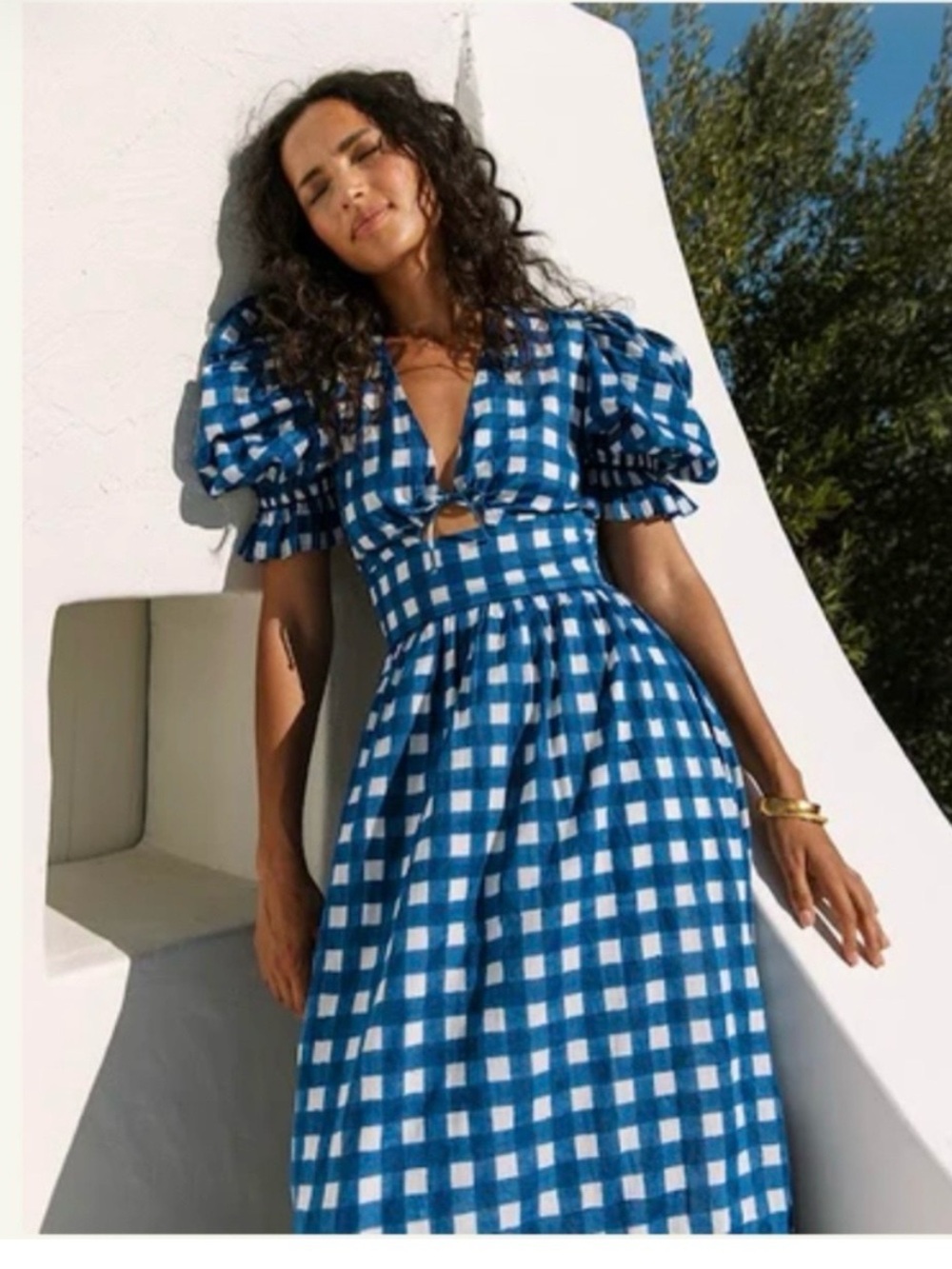 Cleobella Painterly Morina Gingham Blue & White Checkered Ankle Dress Size L